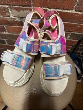 Holographic Pink Platform Sandals with White Buckles